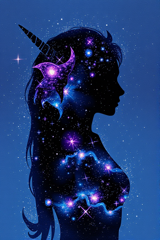 Captivating conceptual render alcohol ink art, double exposure, the paint strokes artfully merge combining a woman's full silhouette with a Unique unicorn's silhouette. The figures are composed of a series of colored dots, lines & spots that evoke the image of a cosmic galaxy, colors are deep shades of blue purple & black with flashes of white & silver representing distant stars. The woman's silhouette is formed within the lion's silhouette from constellations of scattered stars, surreal