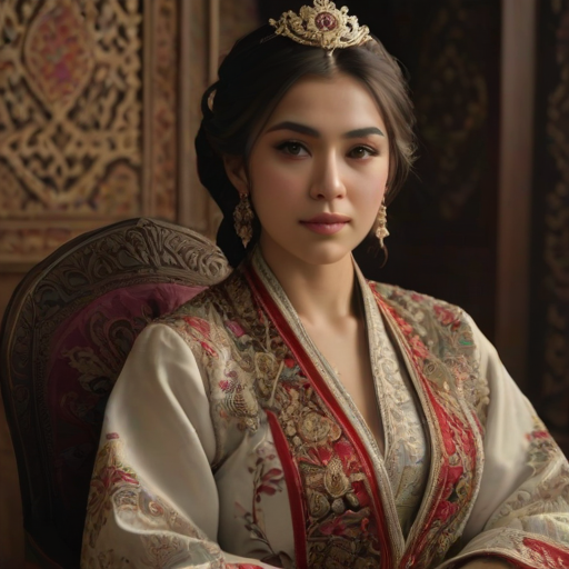 A beautiful Turkish woman in traditional East Asian attire, intricately detailed with embroidered patterns, sitting gracefully in a richly decorated room, soft ambient lighting, serene and elegant, ultra-realistic, 8K resolution