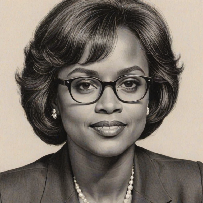 Bewitching Anita Hill, pencil sketch, portrait of Superb woman 1976s in glasses, hair style beatnik, outline, clear lines, fine lines, 8k