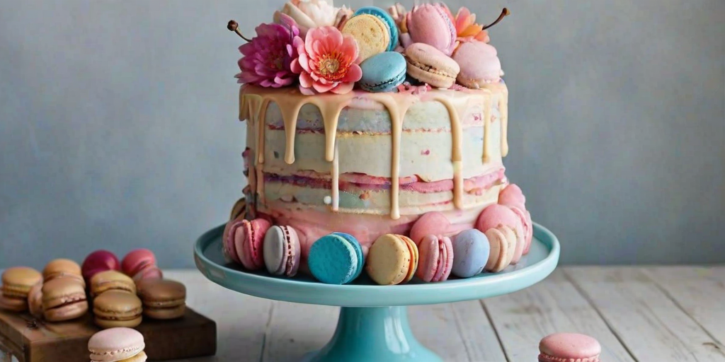 Create a whimsical multi-tiered cake with pastel shades of pink, blue, and purple. The cake should have chocolate drizzle cascading down the sides and be adorned with colorful macarons, edible flowers, and golden spherical decorations. On top, place an ice cream cone embellished with sprinkles and a cherry. Display the cake on a rustic wooden cake stand against a simple white background.