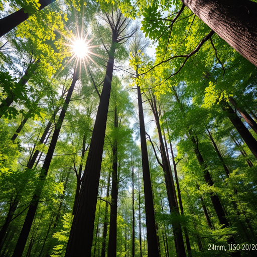 Create a high-resolution image of a lush forest with sunlight filtering through the trees, capturing the vibrant greens and textures of leaves, using a DSLR camera with a 24mm lens at f/8, ISO 200, and a shutter speed of 1/250 sec, shot from a low angle to emphasize the towering trees.