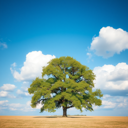 Create a high-resolution image of a single, large tree standing in an open field under a blue sky with fluffy clouds, using a DSLR camera with a 35mm lens at f/8 aperture, ISO 200, and a shutter speed of 1/250 sec, capturing a wide-angle view with natural lighting.