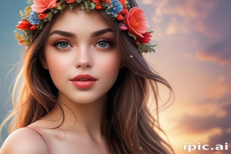 Enchanting Portrait of a Young Woman Adorned with Colorful Floral Crown
