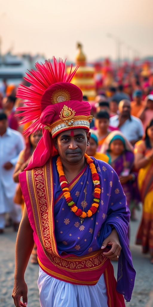 regenerate a vibrant scene of a religious procession at a beach with colorful traditional attire, capture the moment using a DSLR camera, 85mm lens, aperture f/1.8, shutter speed 1/200s, ISO 100, golden hour lighting, focus on the central figure and soft background bokeh
