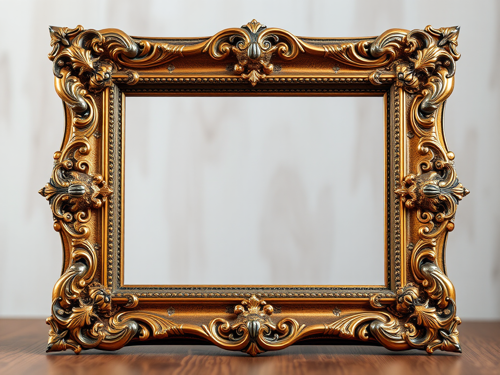 Create a high-resolution image of an ornate wooden picture frame with intricate gold and silver detailing; use a DSLR camera with a 50mm lens, aperture set to f/1.8, shutter speed at 1/125s, ISO 100, and a soft focus background to enhance the frame's texture and design.