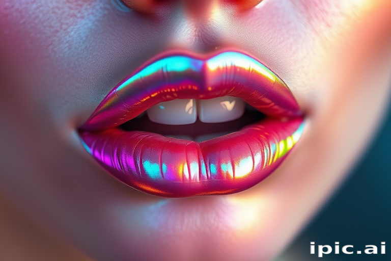 Ethereal holographic lips reflecting iridescent hues, shifting colors as light moves across them, creating a magical and otherworldly effect