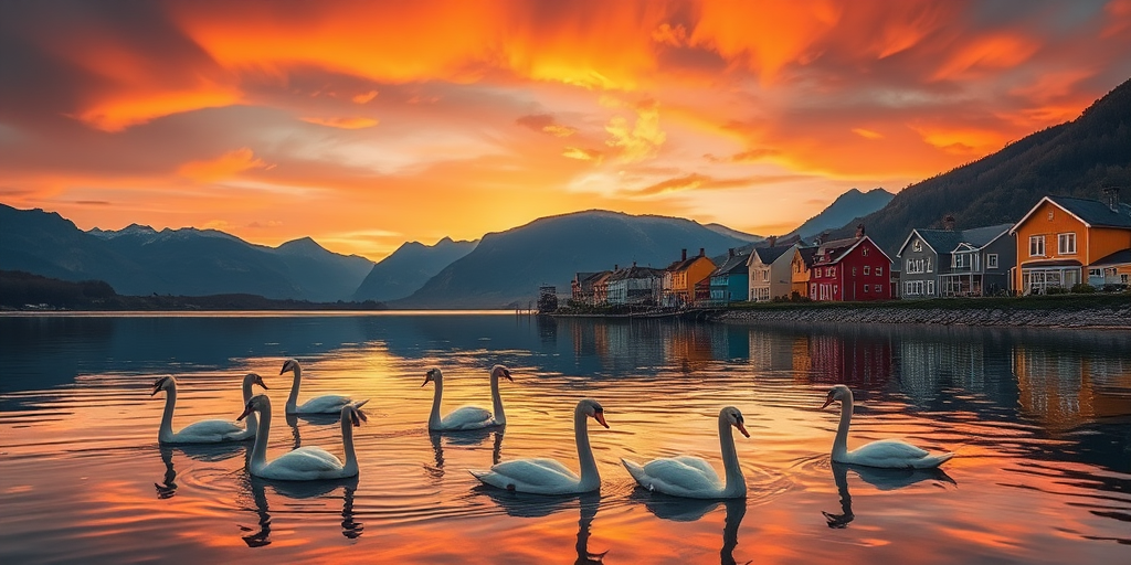 generate a vibrant landscape image of a serene lakeside scene at sunset featuring swans swimming in the water, colorful houses lining the shore, and mountains in the background, using a DSLR camera with a 24mm lens, f/8 aperture, ISO 200, 1/125 sec shutter speed, capturing a wide-angle view with warm colors and clear reflections on the water