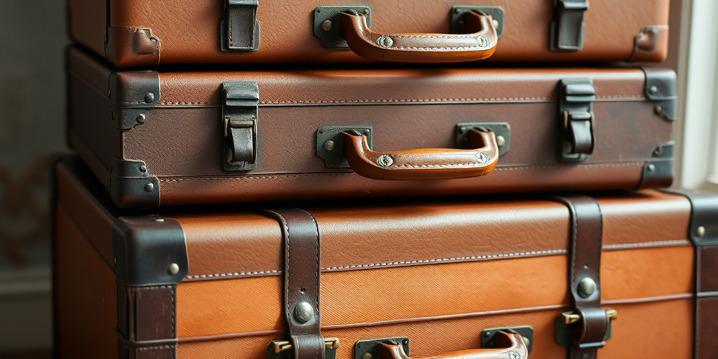 A stacked set of three vintage suitcases in varying shades of brown, captured with a DSLR camera, aperture f/2.8, ISO 100, focal length 50mm, taken from a low angle with soft natural lighting to enhance textures and details.