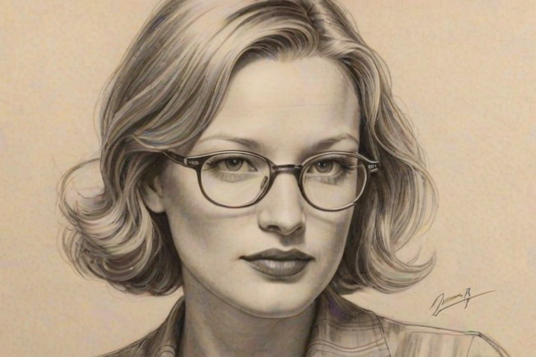 Superb Joey Lauren Adams, pencil sketch, portrait of Fascinating woman 1931s in glasses, hair style beatnik, outline, clear lines, fine lines, 8k