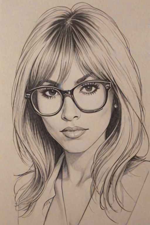 Fascinating Cathy Guetta, pencil sketch, portrait of Lovely woman 1977s in glasses, hair style beatnik, outline, clear lines, fine lines, 8k