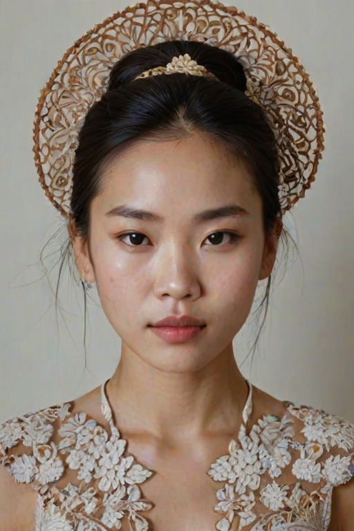 Face, shoulders, chest covered in openwork Vietnamese embroidery. Raw, unedited image.
