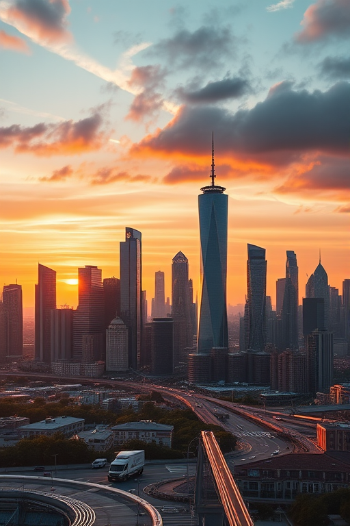 Create a high-quality image of a futuristic city skyline during sunset, using a DSLR camera with a 50mm lens, aperture set to f/8, ISO 200, 1/125 seconds exposure, and a wide-angle view to capture the full expanse of the skyline.