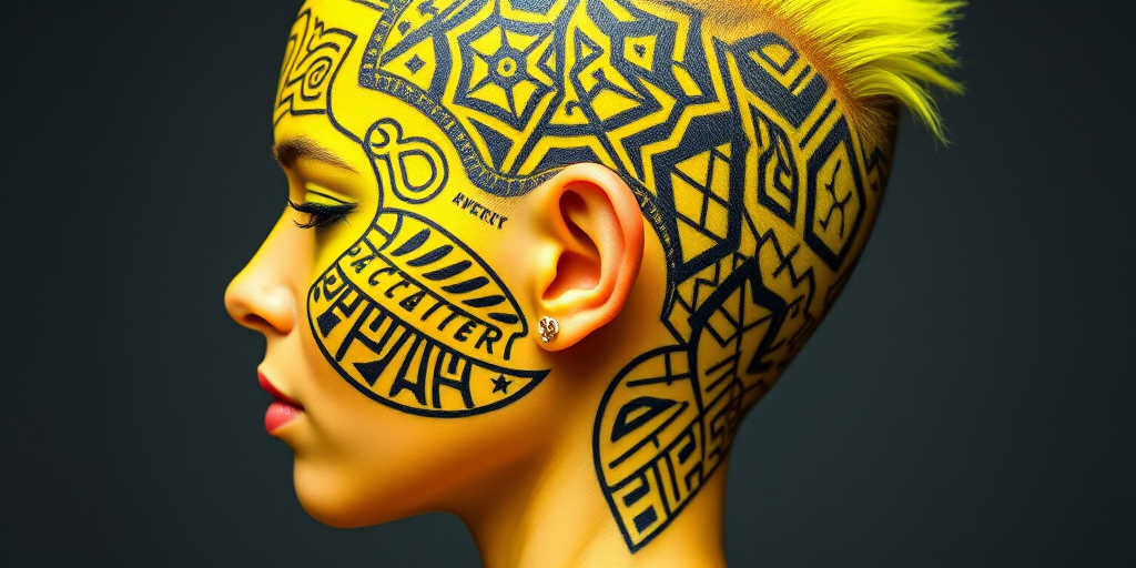 Edgy neon yellow buzz cut with intricate geometric patterns, showcasing bold individuality and avant-garde style