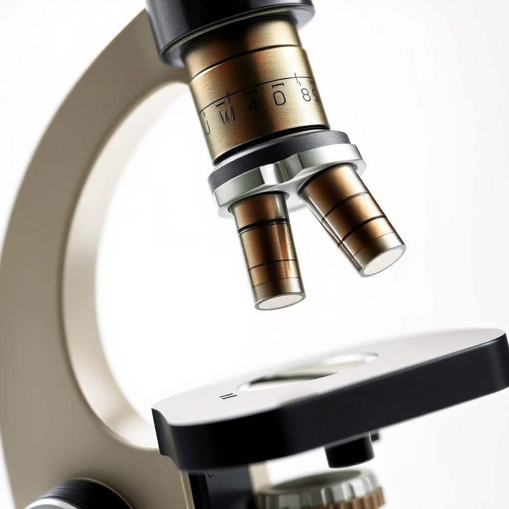 Regenerate a detailed illustration of a classic microscope, using high definition, close-up shot, aperture f/2.8, ISO 100, 35mm lens, with a bright, clean background to enhance clarity and focus on the microscope's intricate design.
