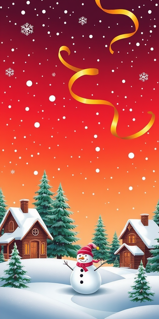 Create a winter scene with a bright red and orange gradient sky filled with snowflakes. Include cozy, snow-covered houses with green pine trees surrounding them. Add a cheerful snowman in the foreground, and incorporate swirling golden ribbons in the sky for a festive touch.