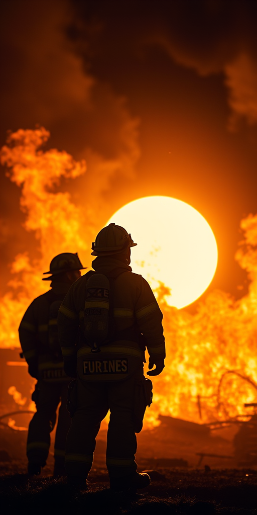 Create a dramatic image of firefighters standing against a fiery backdrop, with a large sun illuminating the scene, captured using a DSLR camera at f/1.8, ISO 100, 50mm lens, in a wide-angle view with a cinematic style to enhance the intensity and detail of the flames and uniforms.