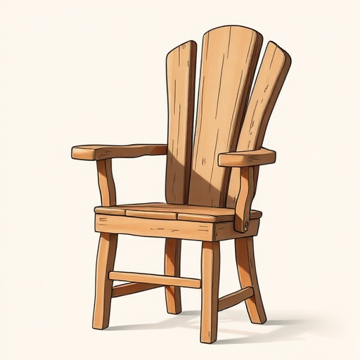Create a high-resolution illustration of a wooden chair with a rustic design, using a DSLR camera at f/2.8 aperture, ISO 100, 50mm lens, soft natural lighting for enhanced texture, and a slightly angled front view for depth.