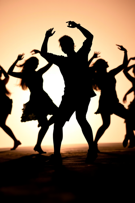 Create an energetic silhouette dance scene featuring multiple figures in dynamic poses, with a soft gradient background to enhance contrast, shot with a Canon EOS 5D Mark IV, 50mm lens, f/2.8 aperture, ISO 100, shutter speed 1/200s, natural lighting for a lively atmosphere.