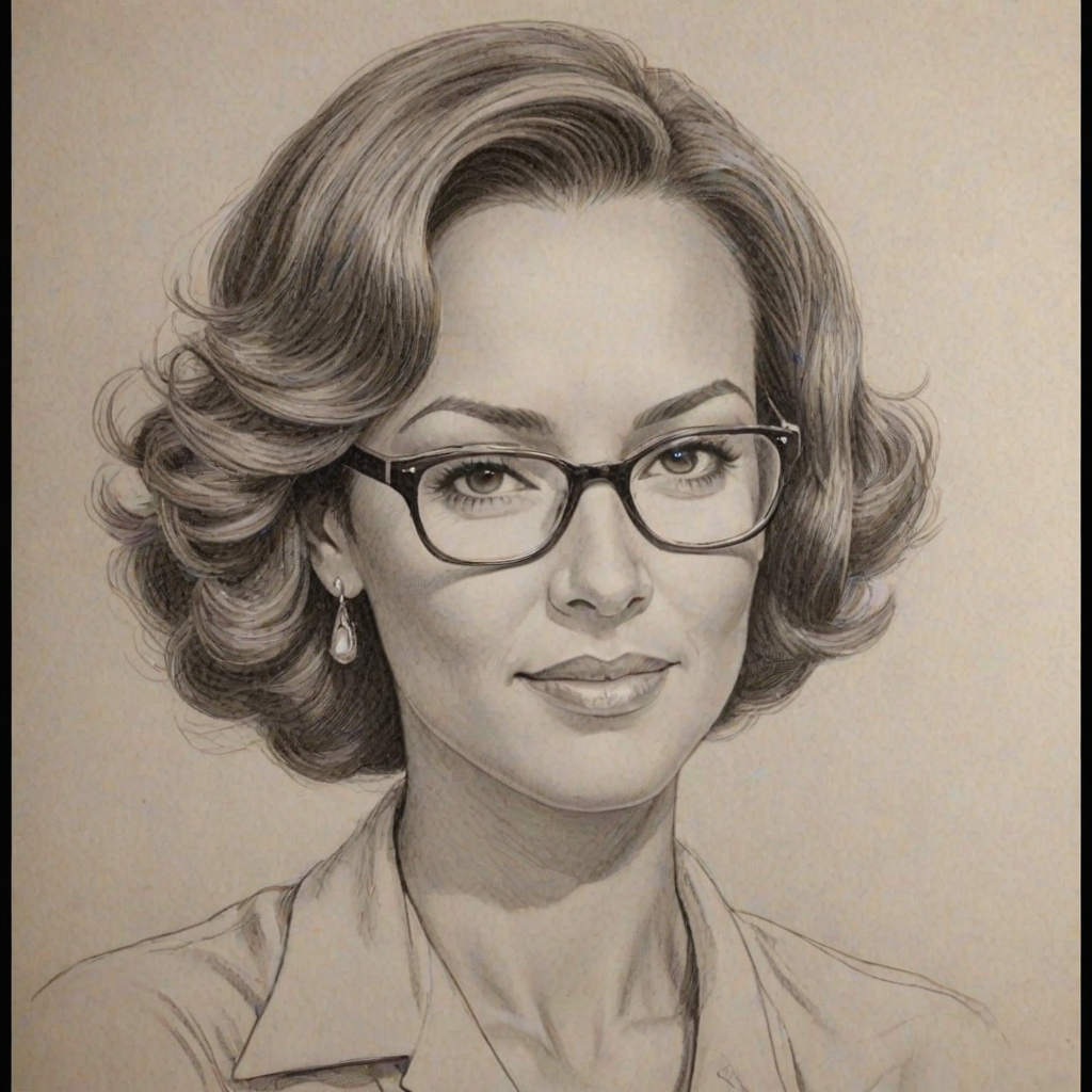 Delightful Eva LaRue, pencil sketch, portrait of Pleasing woman 1929s in glasses, hair style beatnik, outline, clear lines, fine lines, 8k