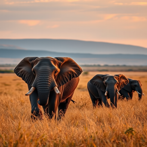 Elephants walking through golden grass in a savanna landscape during sunset, shot with a DSLR camera, 85mm lens, aperture f/2.8, ISO 200, shutter speed 1/500 sec, shallow depth of field, natural lighting, panoramic view.