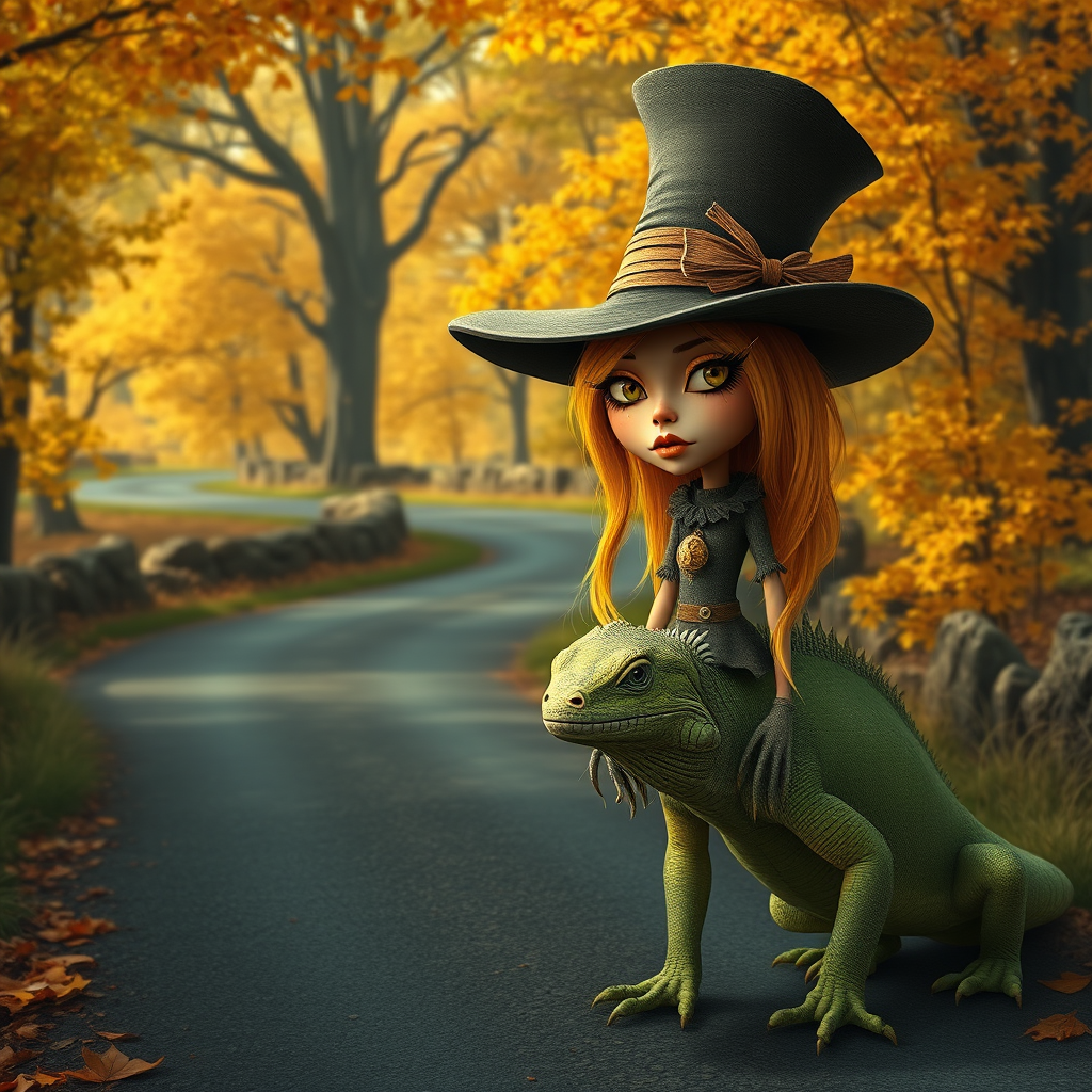 digital art fantasy depicting a strange girl with Yellow hair, long eyelashes, Yellow lipstick and a tall hat walking along a winding road on an autumn afternoon, an Iguana smiles as she passes