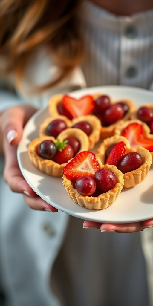 close-up of a person holding a plate of heart-shaped pastries filled with strawberries and grapes, soft natural lighting, 50mm f/1.8 lens, aperture 1.8, shallow depth of field, DSLR camera, vibrant colors, focus on the pastries with a blurred background