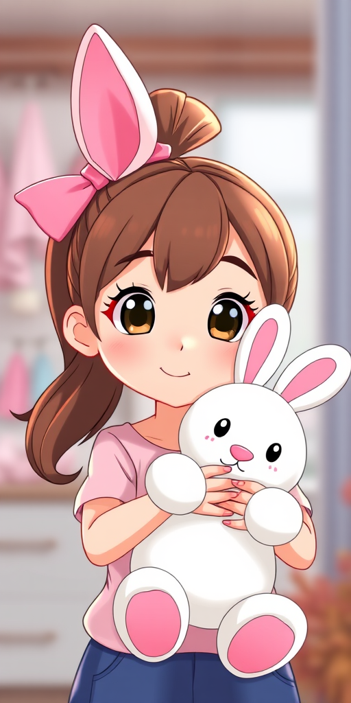 Generate a high-resolution image of a cartoon girl with brown hair in a ponytail holding a white bunny plush toy, using a soft-focus lens, aperture f/2.8, ISO 100, 50mm prime lens, front view, bright and colorful style.