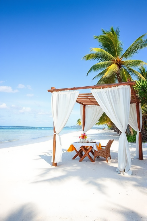 Create a picturesque tropical beach scene featuring a serene, white sandy shore. In the foreground, there's a rustic wooden canopy with white drapes gently flowing in the breeze. Underneath the canopy, a table is set with tropical decor, evoking a sense of relaxation and leisure. The beach extends into a calm, shallow water area with reflections of the sky and surroundings. Palm trees and lush greenery line the edge of the beach, providing a natural, tropical backdrop. The sky is clear with a few scattered clouds, and the overall atmosphere is tranquil and inviting, perfect for a peaceful retreat.
