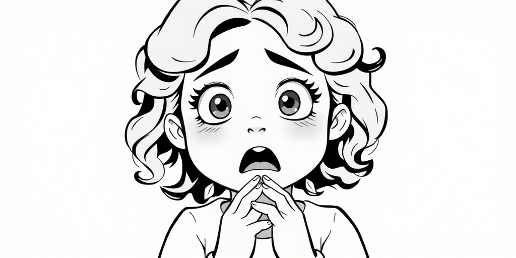 The image is a black and white illustration of a young girl with curly hair. She has a surprised expression on her face with her mouth open and her hands clasped together in front of her chest. Her eyes are wide and her eyebrows are furrowed. Her hair is styled in loose curls that are cascading down her back. The overall mood of the image is one of shock or surprise.