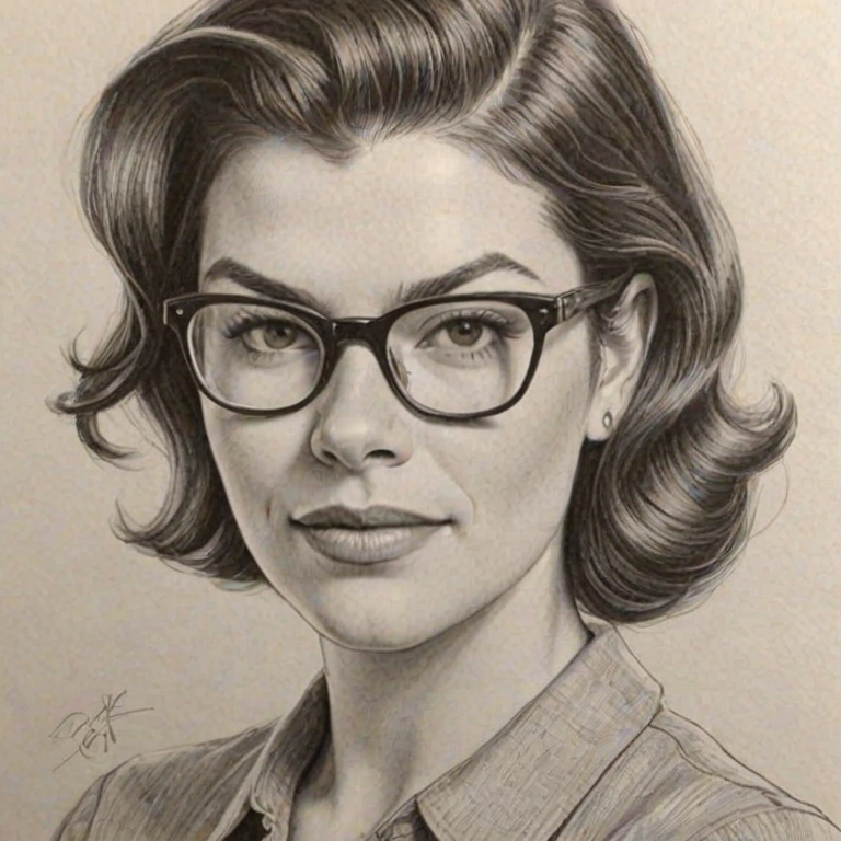 Splendid Gail Simmons, pencil sketch, portrait of Alluring woman 1948s in glasses, hair style beatnik, outline, clear lines, fine lines, 8k