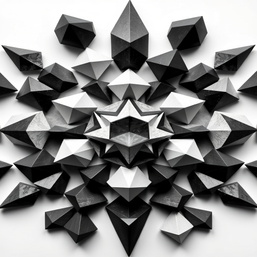 Create an intricate geometric arrangement featuring various polyhedra in a circular layout, with high contrast black and white colors, captured using a DSLR camera at f/8 aperture, ISO 100, and a focal length of 50mm with a top-down view to enhance clarity and detail.