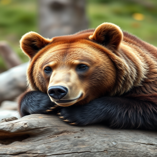 a close-up shot of a brown bear resting on a log, soft natural lighting, shallow depth of field, 85mm lens, f/2.8 aperture, ISO 200, DSLR camera, focus on the bear's face with a blurred background to enhance image quality