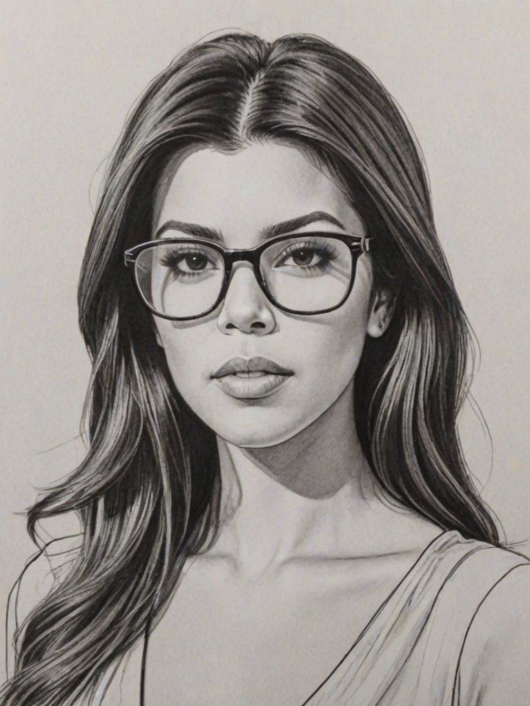 Superb Kourtney Kardashian, pencil sketch, portrait of Exquisite woman 1975s in glasses, hair style beatnik, outline, clear lines, fine lines, 8k