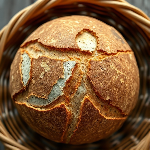 Generate an image of a round artisanal bread loaf with a crackled crust resting in a woven basket, captured with a Canon EOS R5, 50mm f/1.8 lens, aperture set to f/2.8 for shallow depth of field, natural lighting to enhance texture details, and a slightly overhead angle for a warm, inviting composition.