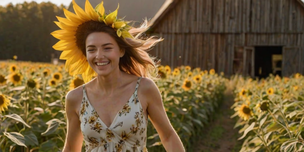 Candid photo, late afternoon, woman in a flowing summer dress running through a sunflower field, hair blowing in the wind, golden sunlight filtering through the tall sunflowers, soft focus on the flowers in the foreground, a rustic wooden barn visible in the distance, playful smile on her face.