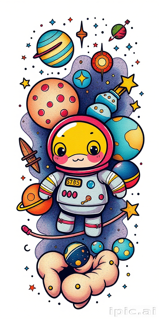 New school tattoo style called "Cartoon Cosmos" with exaggerated proportions and bright colors depicting whimsical space-themed characters and celestial objects