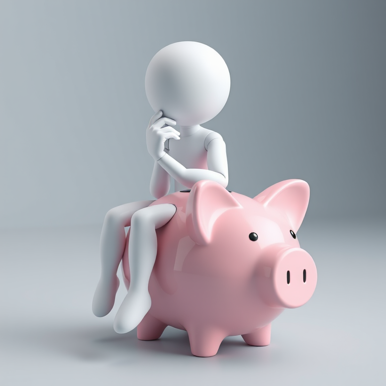 Create a 3D render of a thought-provoking humanoid figure with a smooth white finish, sitting thoughtfully on a light pink piggy bank, with soft lighting, a camera angle of 45 degrees, aperture set to f/8, ISO 100, and use a Canon EOS R5 camera type with a prime lens for enhanced depth of field.