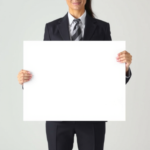 Create an image of a professional individual in a business suit, holding a large blank whiteboard in front of their face. The background should be neutral to emphasize the person and the blank board. Make sure the person's hands are visible, and they are positioned at mid-chest level, showcasing the blank space clearly.