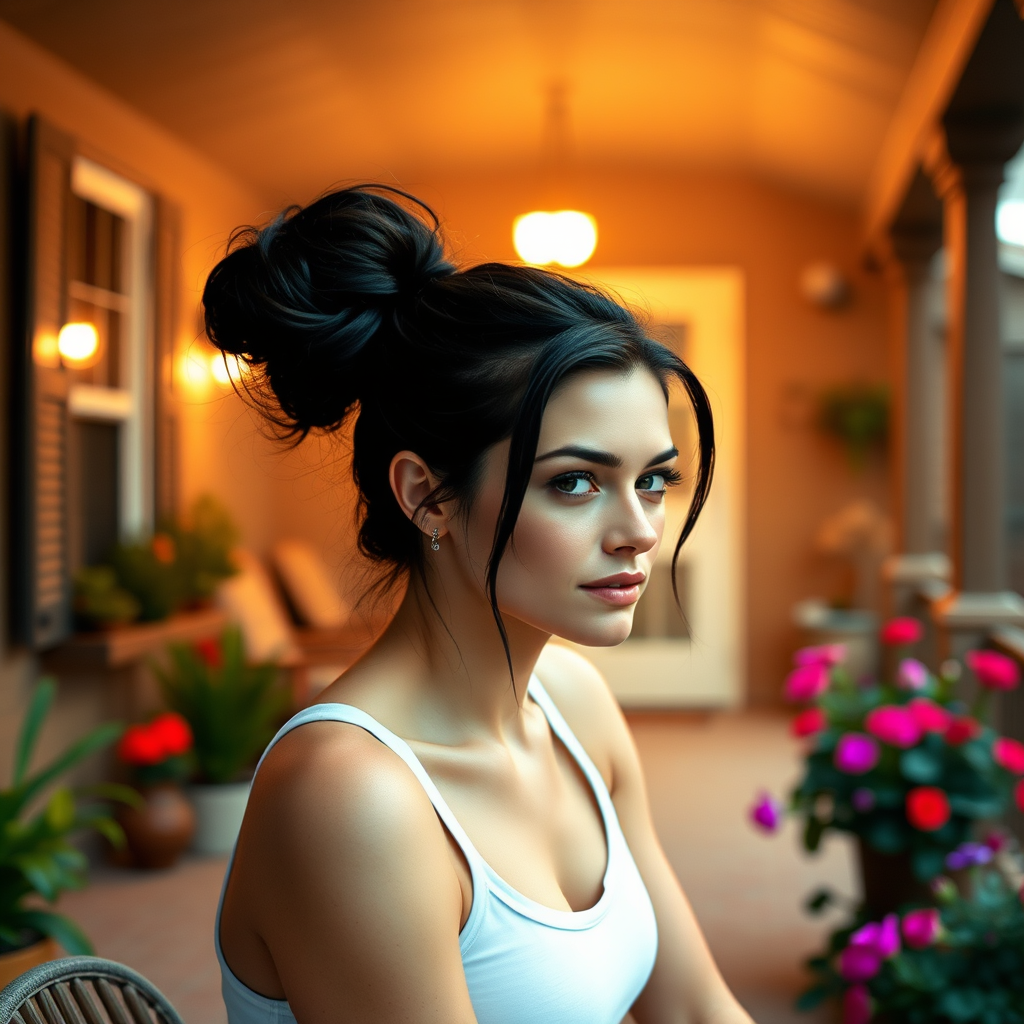 A photo of Mila Kunis with a background of a cozy porch. She has dark hair pulled back in an updo, with tendrils framing her face. She wears a white tank top and sits on the porch. The porch is part of a well-lit home with a warm, earthy tone and colorful flowers and foliage. The overall scene has a warm, welcoming, and comfortable ambiance.