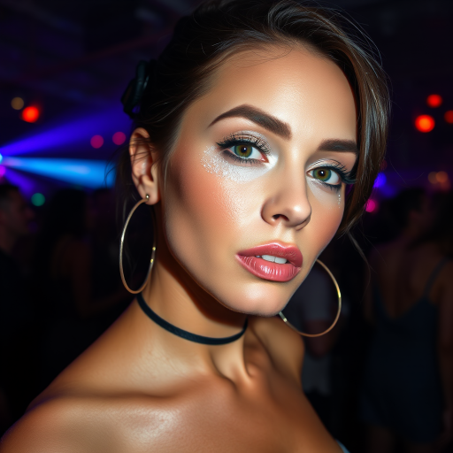 High res waist up portrait photo of a woman with glittery eye-shadow and clear glossy lip-gloss. She is looking at the viewer with her mouth closed. She is wearing a thin string-like black choker and hoop earrings. In the background is a nightclub scene out of focus