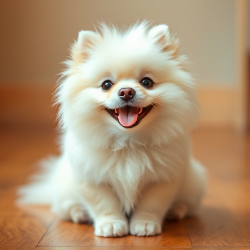 A fluffy white Pomeranian dog sits on a wooden floor, looking directly at the viewer with a playful expression and tongue sticking out. The dog's fur is incredibly soft and fluffy, illuminated by warm, natural lighting. The background is blurred and out of focus, emphasizing the dog's soft features and playful demeanor.  The composition is simple and centered, focusing entirely on the dog.  The image evokes a sense of joy and innocence.