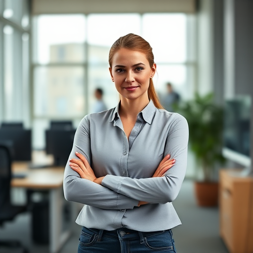 portrait of a confident woman with crossed arms standing in an office environment, natural light, f/2.8, 1/60s, ISO 200, 50mm lens, shallow depth of field, soft focus background, high resolution, Canon EOS R5