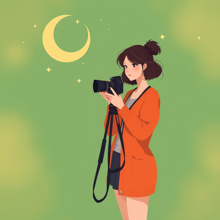 Create a digital illustration of a woman standing with a camera, wearing an orange cardigan, with a green background featuring a stylized crescent moon and twinkling stars, using a soft focus lens with a shallow depth of field, 50mm focal length, ISO 200, f/2.8, and a warm color palette to enhance the dreamy atmosphere.