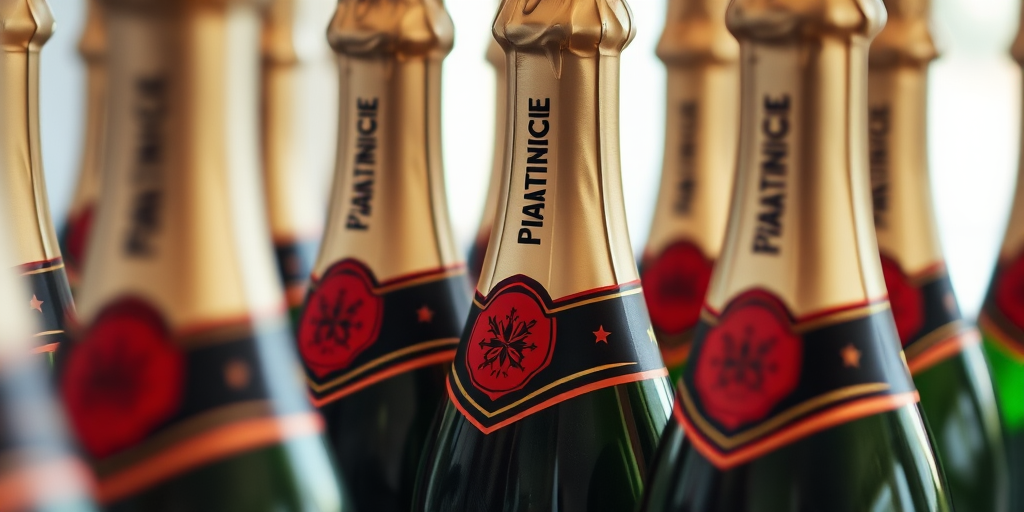 Close-up shot of champagne bottles arranged neatly, shallow depth of field, natural lighting, f/2.8 aperture, 50mm lens, ISO 100, DSLR camera.
