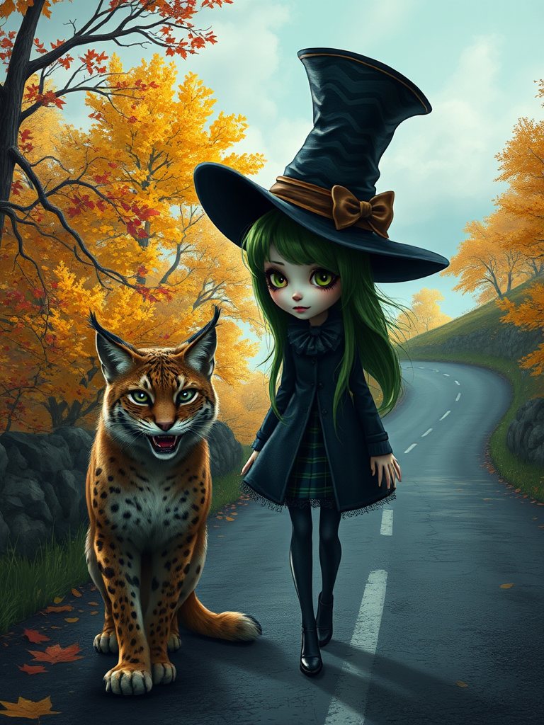 digital art fantasy depicting a strange girl with green hair, long eyelashes, black lipstick and a tall hat walking along a winding road on an autumn afternoon, an Lynx smiles as she passes