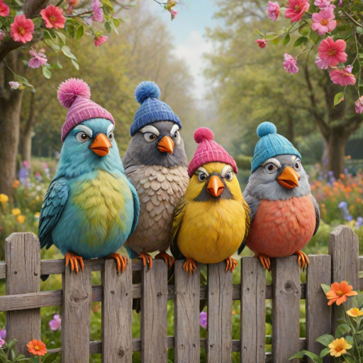create a scene of 4 quirky  whimsical colourful comical birds each with a funny expression. they are sat on a wooden fence with colourful flowers. they are all different sizes. each one is a different colour  one is wearing a woolly hat. Each one has a different quirky google expression and there is a muted background of trees watercolour paintierly style high definition 8k resolution 3D paper mache