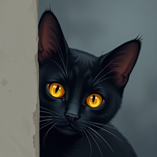 Create a high-resolution illustration of a black cat peeking from behind a wall with vibrant yellow eyes, using a Canon EOS R5, 50mm f/1.2 lens, at ISO 100, aperture f/2.8, and a soft focus background for enhanced depth.