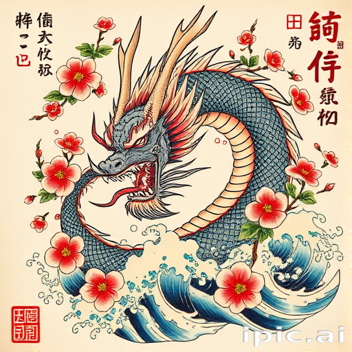 Ornate traditional Japanese irezumi tattoo named "Dragon's Whisper" with bold outlines and vibrant colors depicting a fierce dragon emerging from cherry blossoms and crashing waves