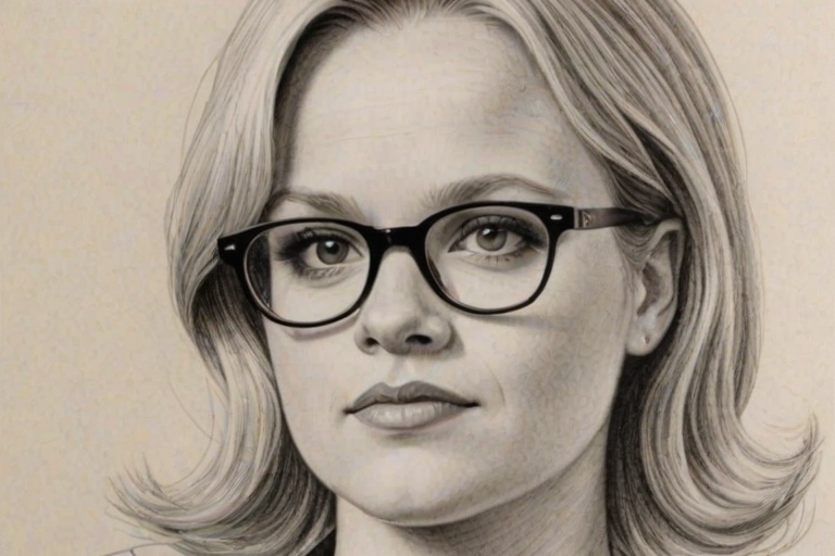 Alluring Lauren Potter, pencil sketch, portrait of Superb woman 1968s in glasses, hair style beatnik, outline, clear lines, fine lines, 8k