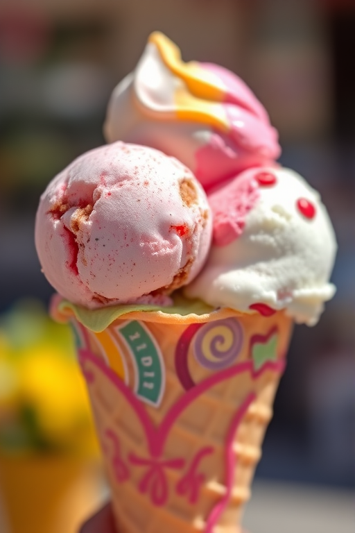 A colorful ice cream cone with two scoops of ice cream, shot in bright daylight with a DSLR camera, aperture f/2.8, shutter speed 1/200, ISO 100, and a shallow depth of field to create a soft background blur.